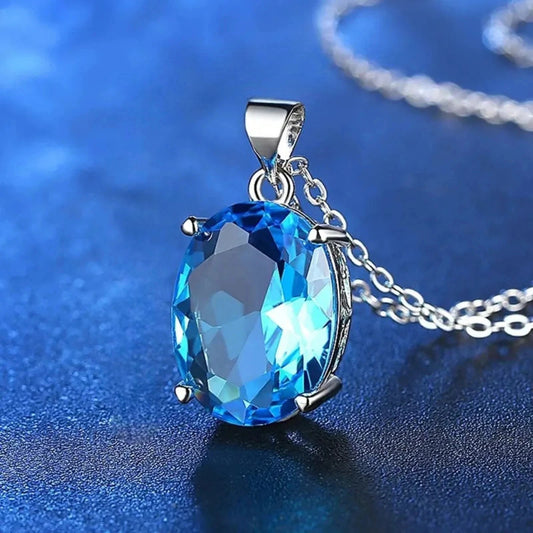 Share Gorgeous Blue Oval Zircon Inlaid Pendant Necklace Neck Chain Jewelry Acces