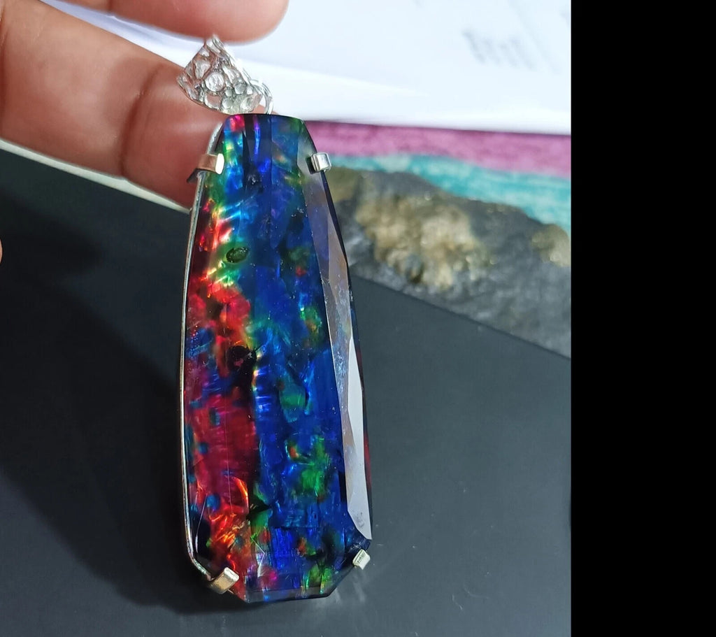 Certified 101.10 Ct Natural Ammolite 925 Solid Silver Rainbow Pendant Gemstone