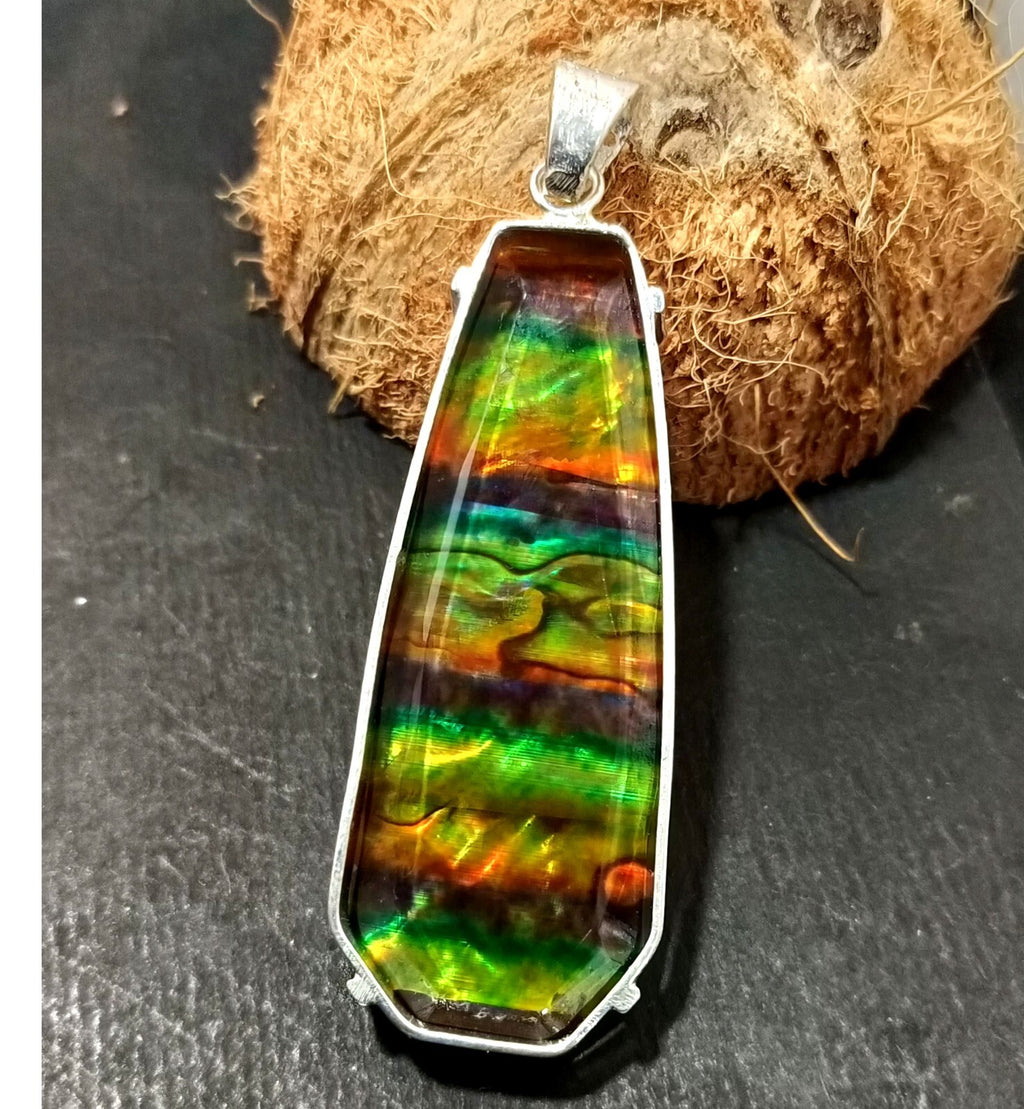 Certified 100.10 Ct Natural Ammolite 925 Solid Silver Rainbow Pendant Gemstone