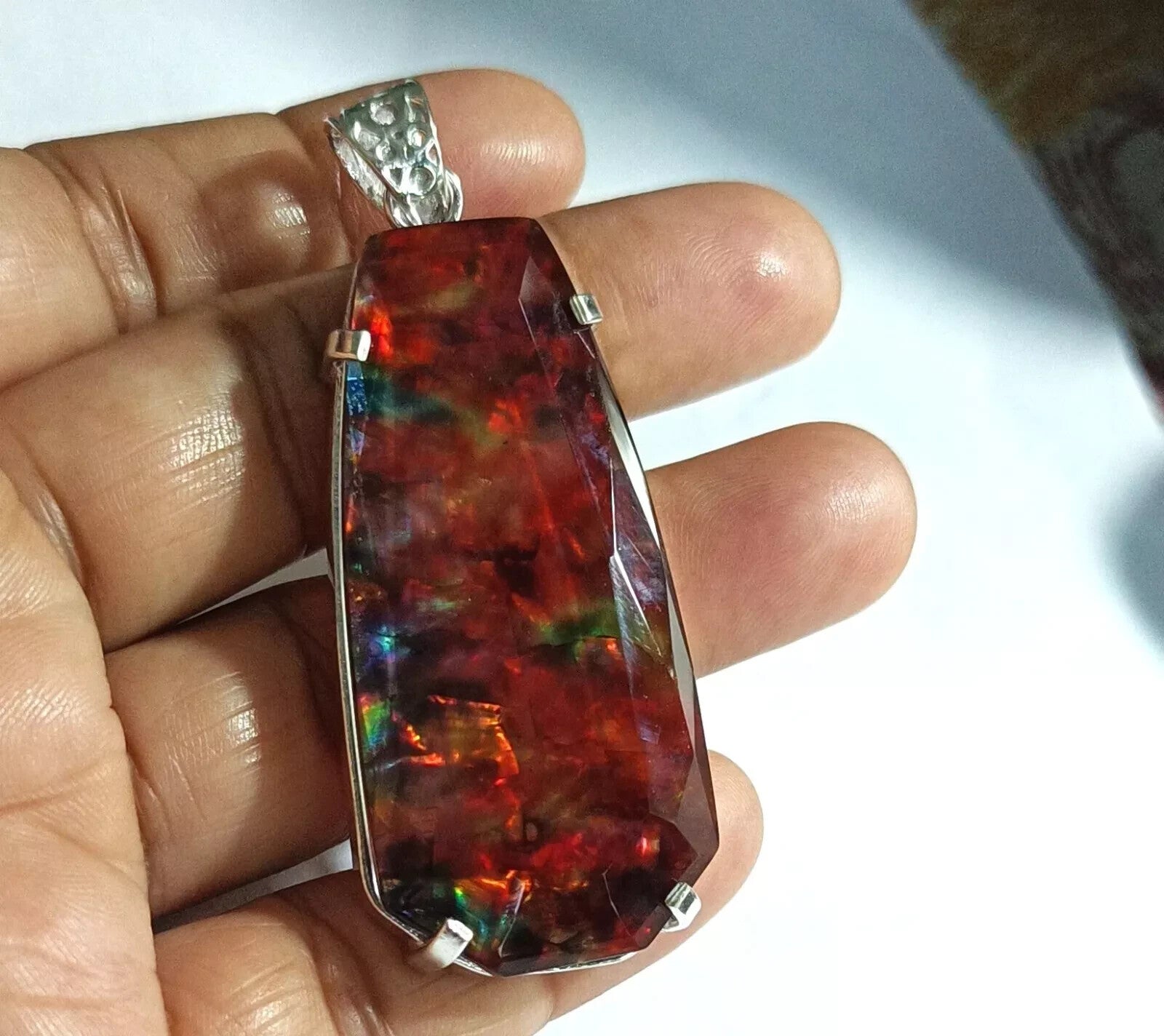 Certified 92.50 Ct Natural Ammolite 925 Solid Silver Rainbow Pendant Gemstone