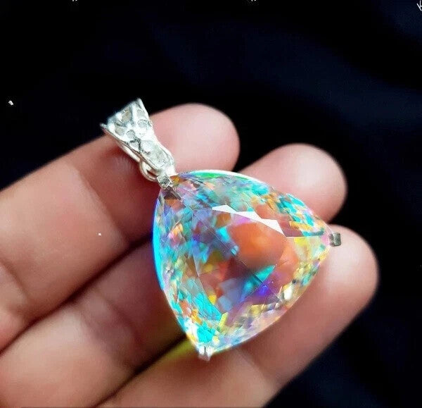 Natural TRILLION Mystic Topaz 80.55 Ct Solid Silver Rainbow Pendant Gemstone