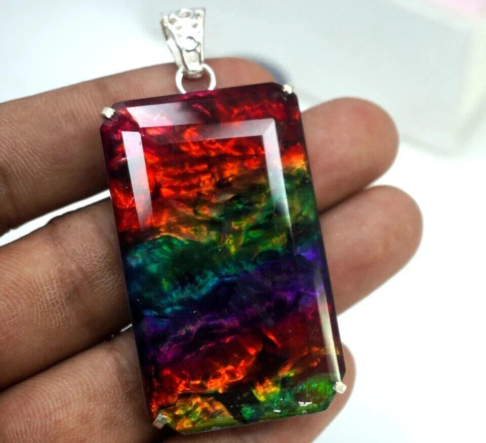 Certified 92 Ct Emerald Natural Ammolite Rainbow Solid Silver Pendant Gemstone