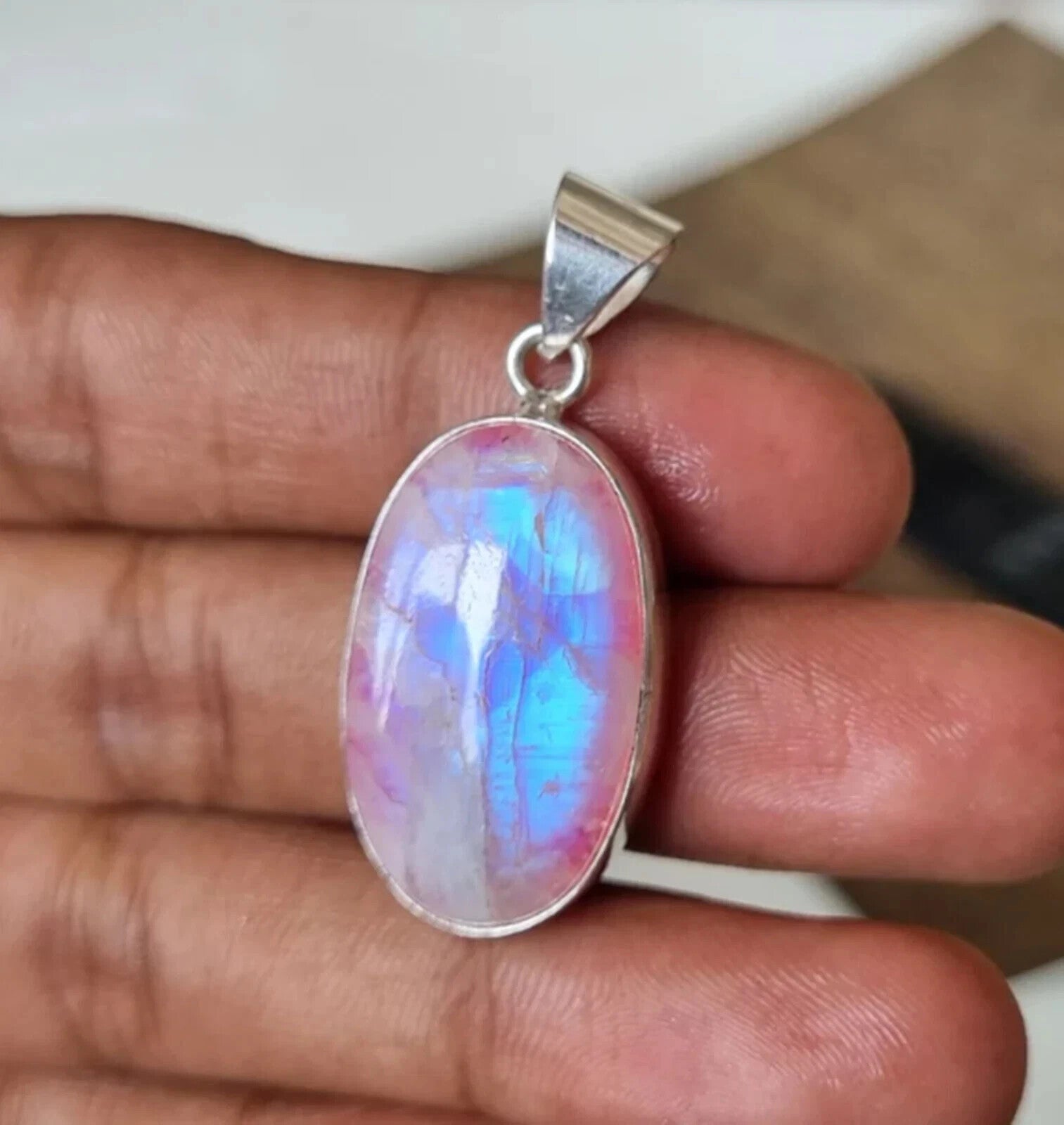 15 Ct Pink Moonstone Pendant Solid 925 Sterling Silver Simple Neck Jewelry item