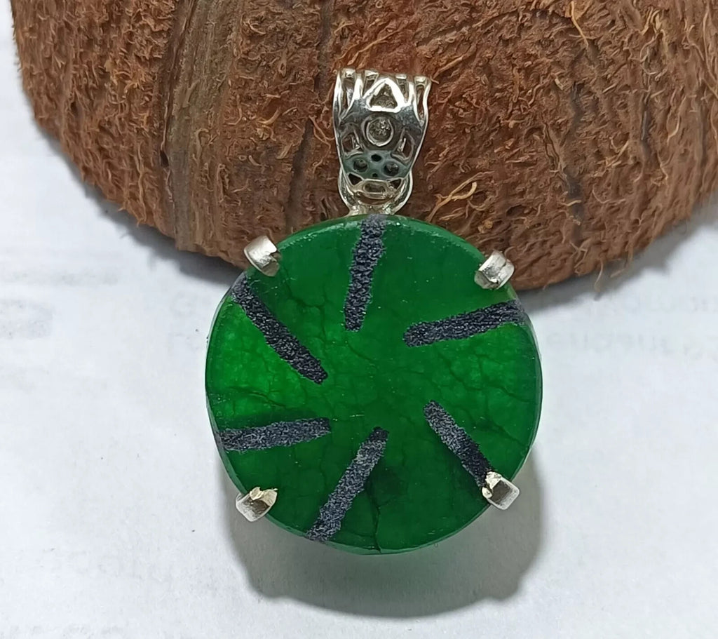 57.90Ct Natural Emerald Trapiche Solid Silver Round Pendant CERTIFIED Gemstone