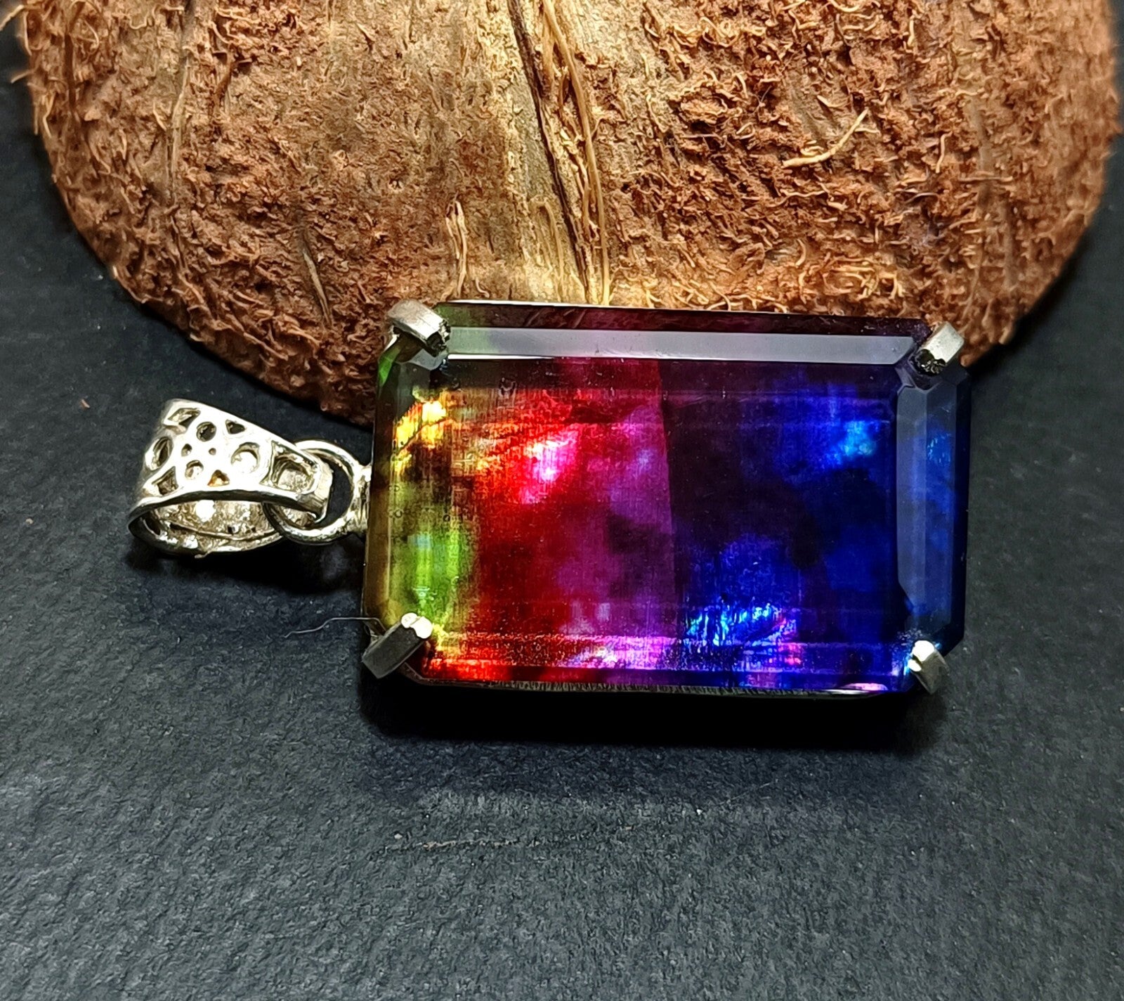 Certified 61.40Ct Natural Ammolite 925 Silver Emerald Cut Pendant Loose Gemstone
