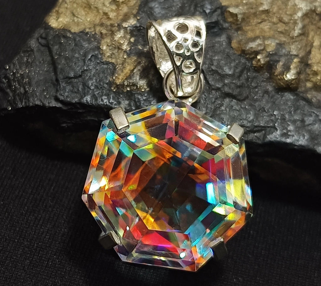 EGL 60.15 Ct+ Natural Mystic Topaz Hexagon Cut 925 Solid Silver Pendant Gemstone
