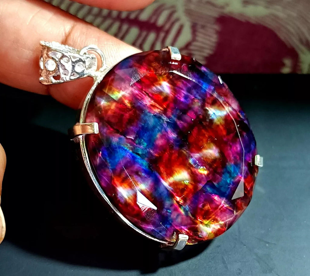 88.50 Ct Natural Ammolite 925 Solid Silver Rainbow PENDANT Certified Gemstone