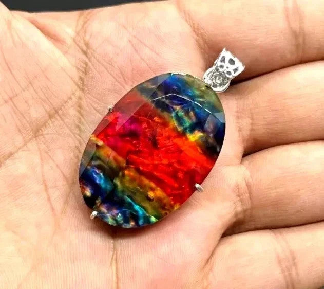 EGL Certified 75.20 Ct Natural Ammolite 925 Solid Silver Pendant Loose Gemstone
