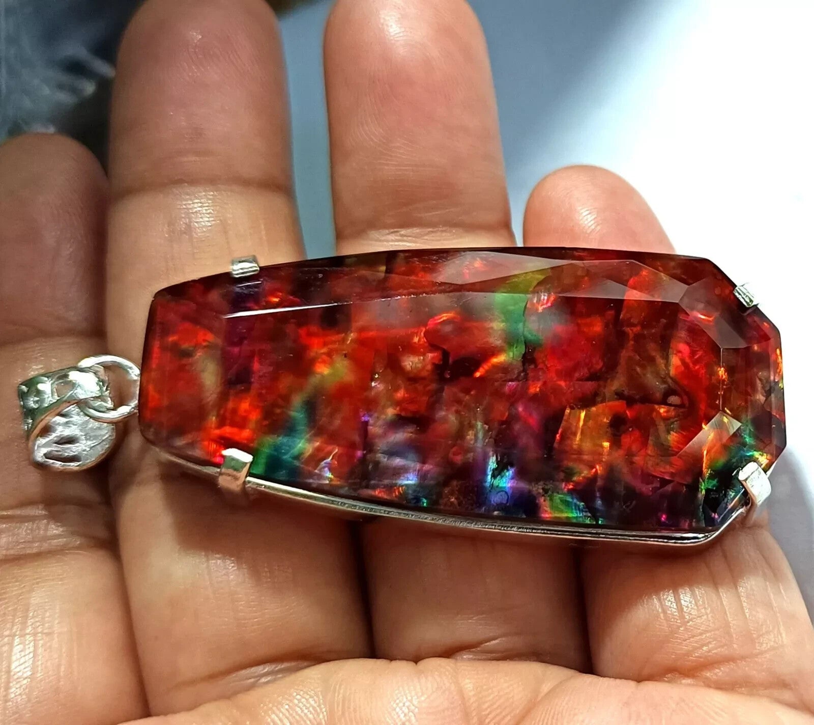 Certified 92.50 Ct Natural Ammolite 925 Solid Silver Rainbow Pendant Gemstone