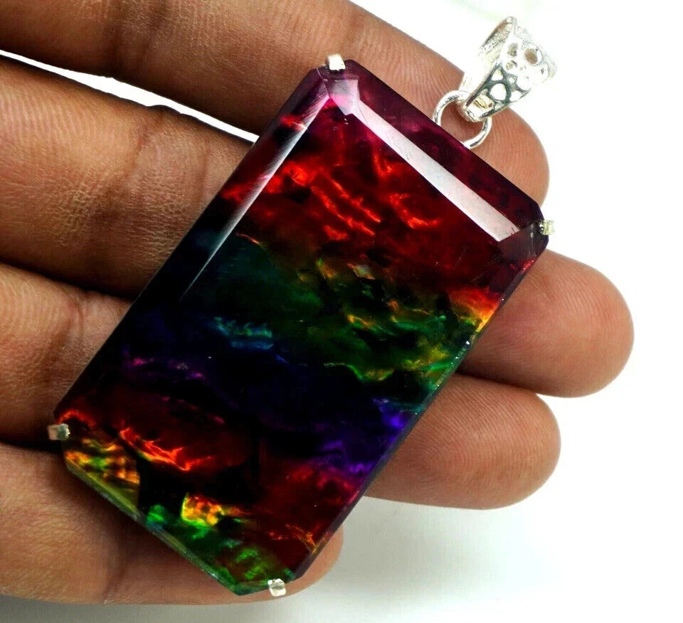 Certified 92 Ct Emerald Natural Ammolite Rainbow Solid Silver Pendant Gemstone