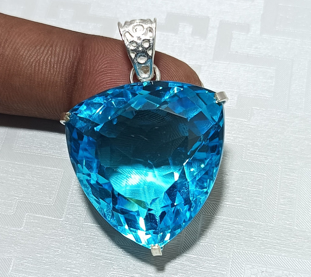 98.50 Ct Trillion Aquamarine Natural Topaz 925 Solid Silver Pendant Loose Gems