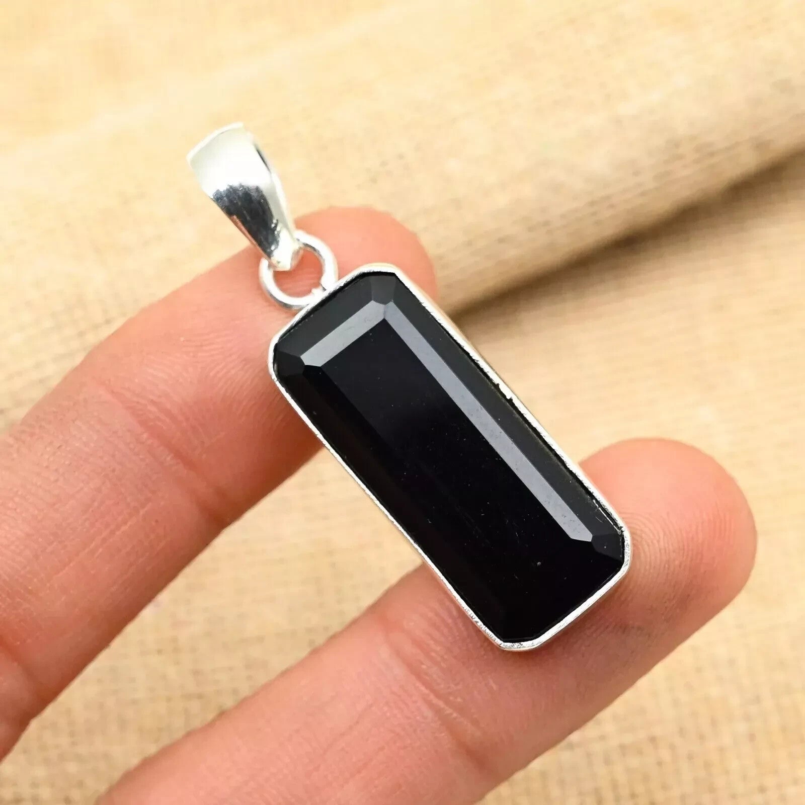 Black Spinel Gemstone Handmade Emerald CutSterling Silver Jewelry Pendant 25 Ct