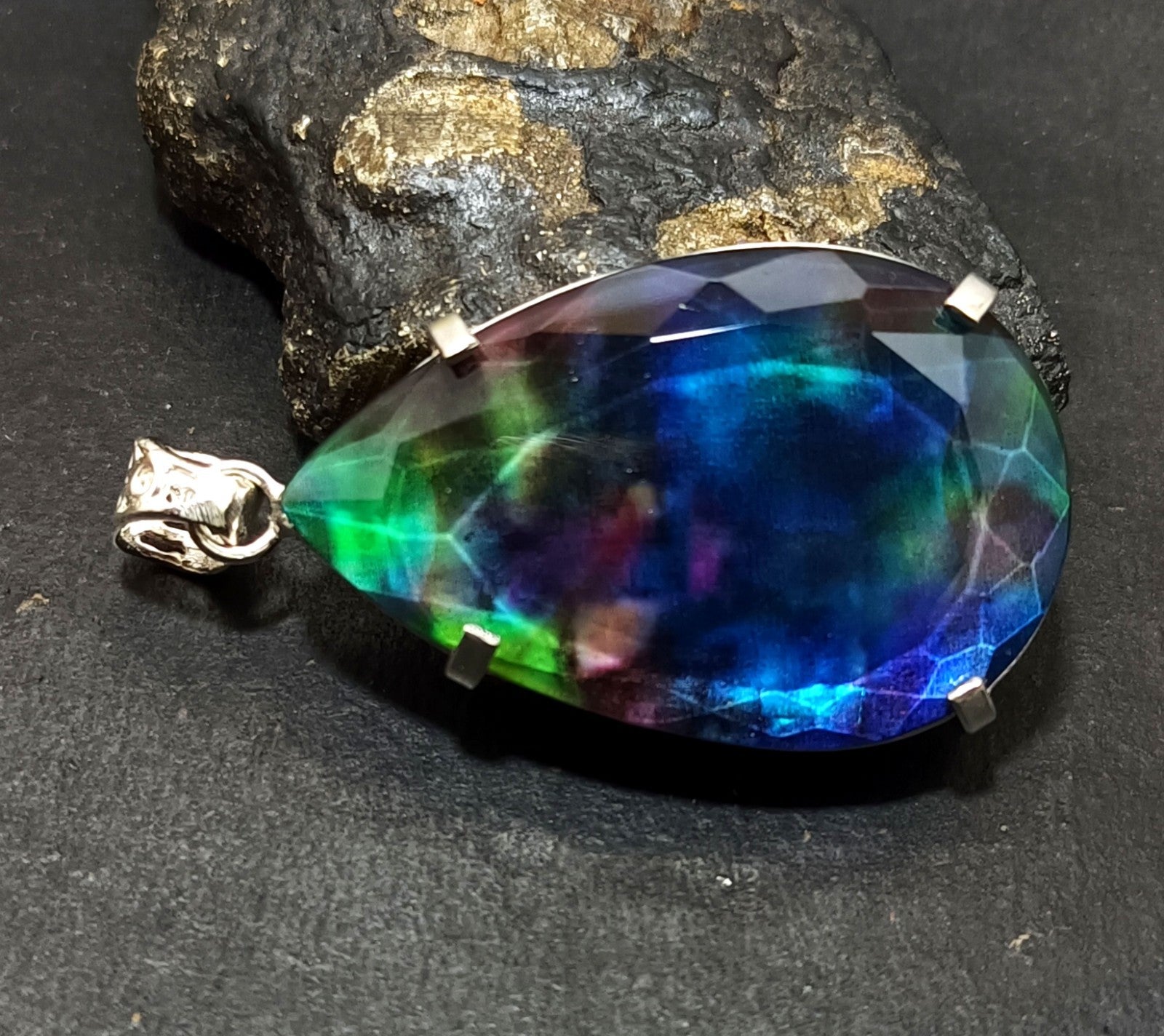 Certified 91.35 Ct Natural Ammolite 925 Solid Silver Rainbow Pendant Gemstone