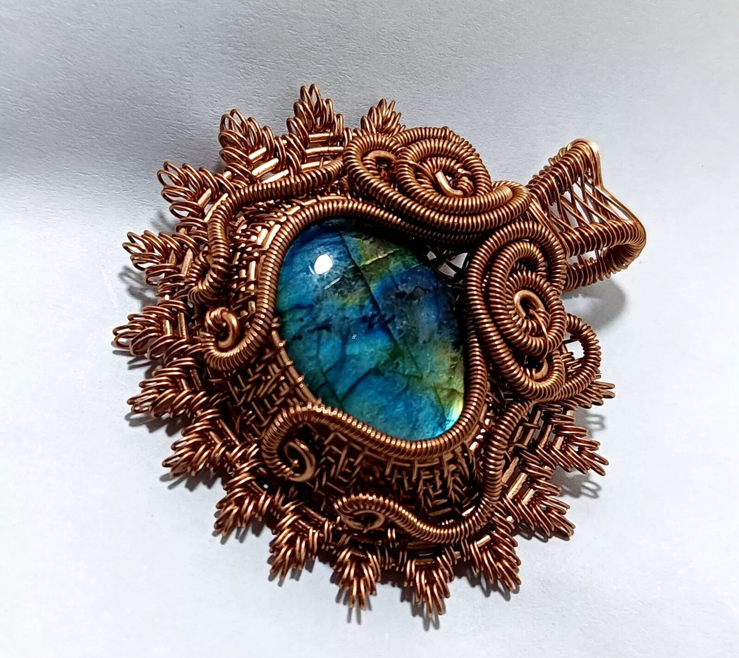 109.5 Ct Labradorite Wire Wrapped Pendant Handcrafted Copper Ethnic Gift 1.97"