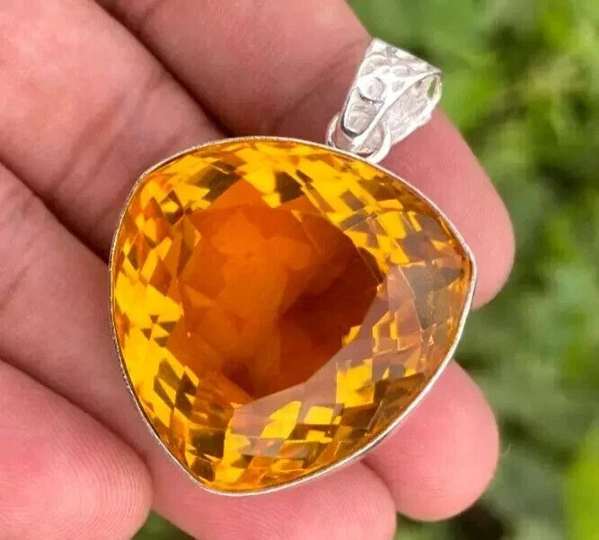 101.90 Ct Natural Yellow Citrine Trillion in Solid Silver Pendant Gemstone