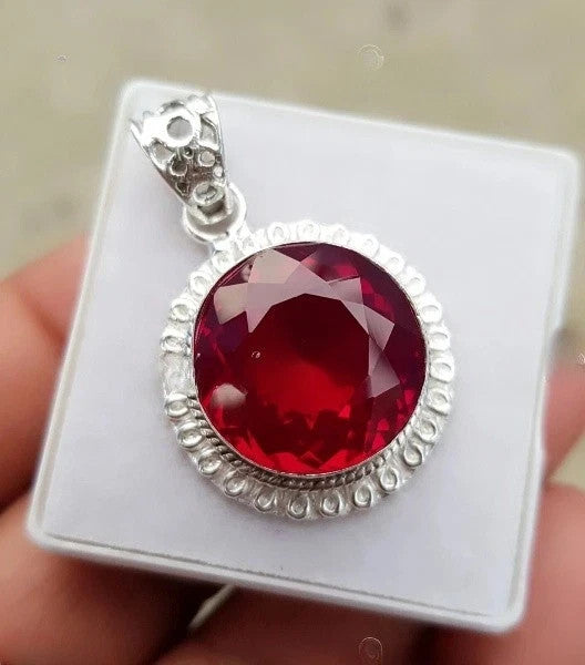 20 Ct Natural Ruby Round Pendant Necklace in Silver Handmade Jewelry