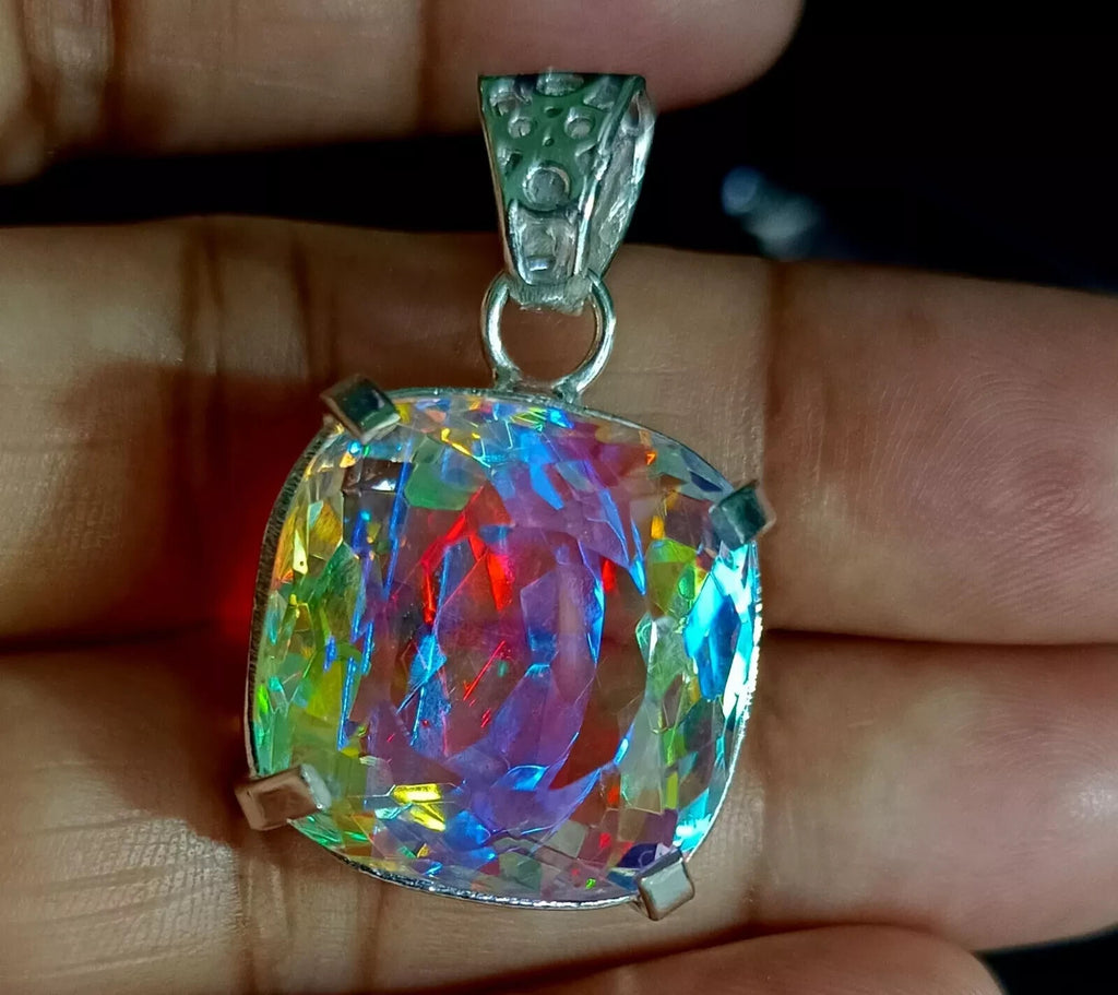 49.25 Ct Natural Cushion Mystic 925 Solid Silver Rainbow Pendant Loose Gemstone