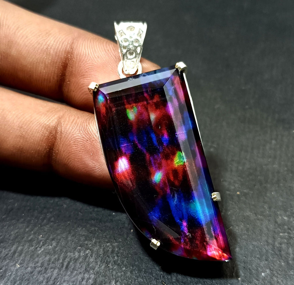 Certified 73.35 Ct Natural Ammolite 925 Solid Silver Rainbow Pendant Gemstone