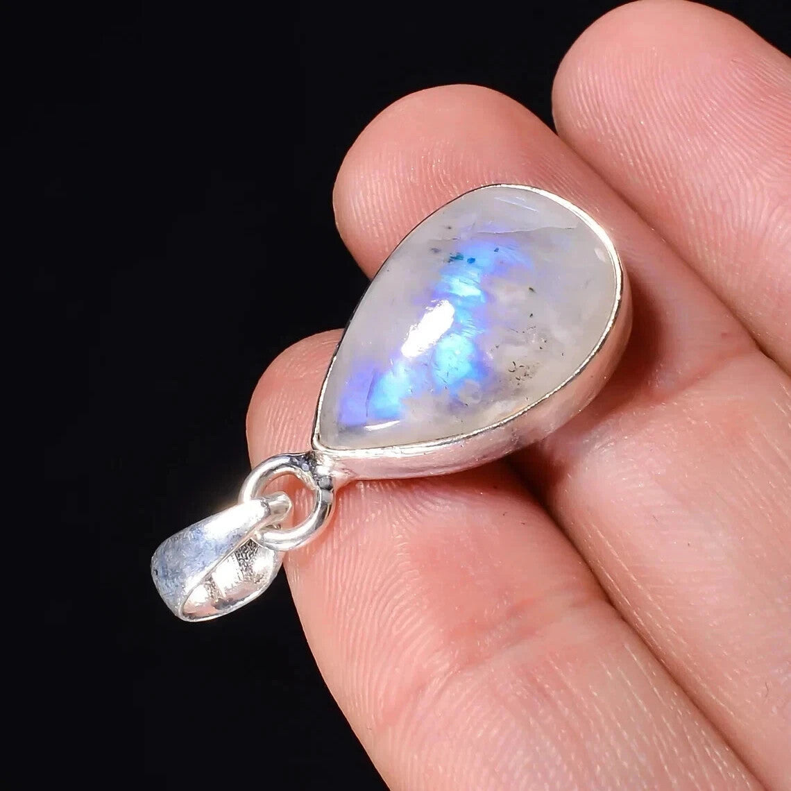 20 Ct Natural Rainbow Moonstone Gemstone 925 Sterling Silver Teardrop Pendant