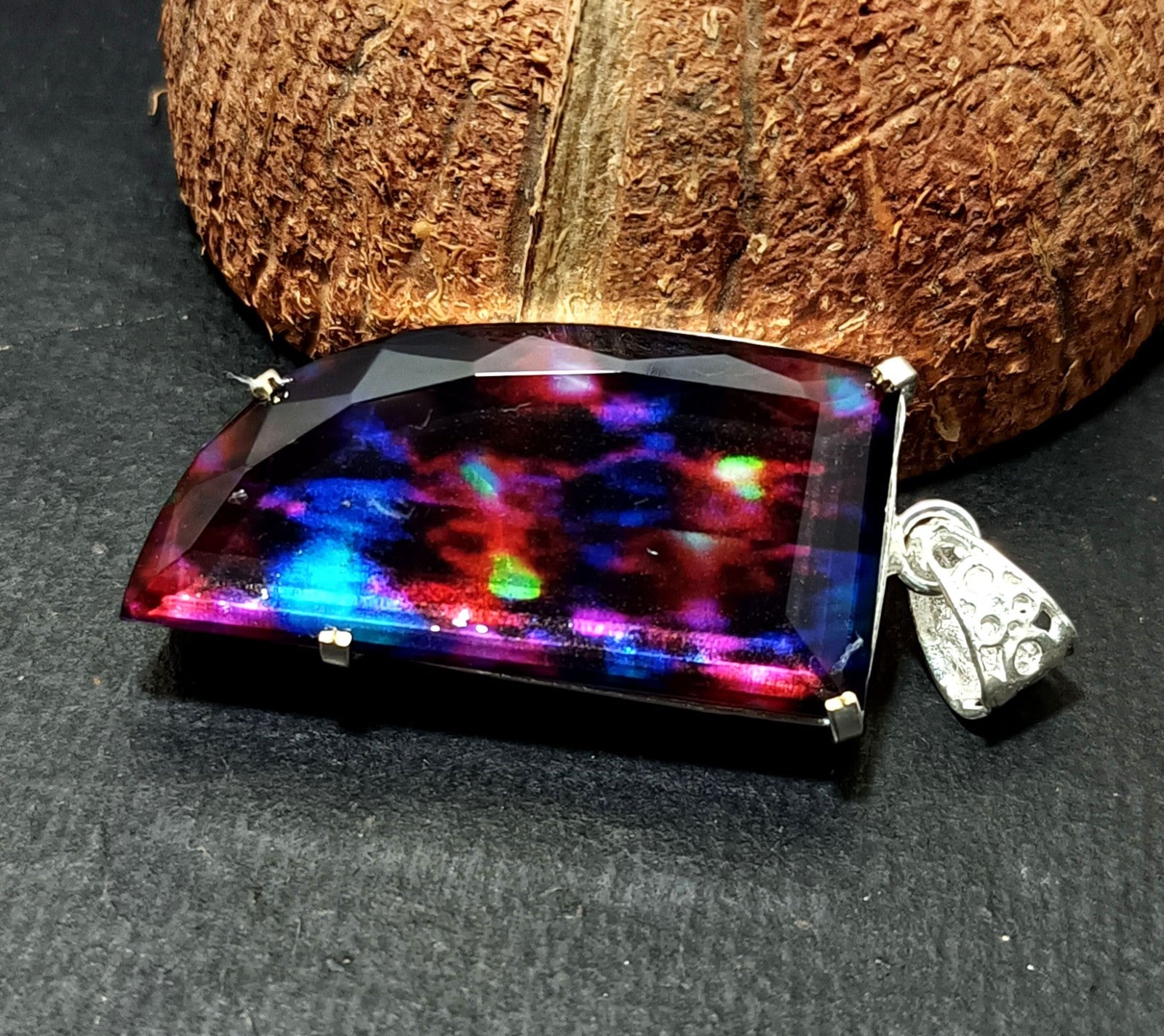 Certified 73.35 Ct Natural Ammolite 925 Solid Silver Rainbow Pendant Gemstone