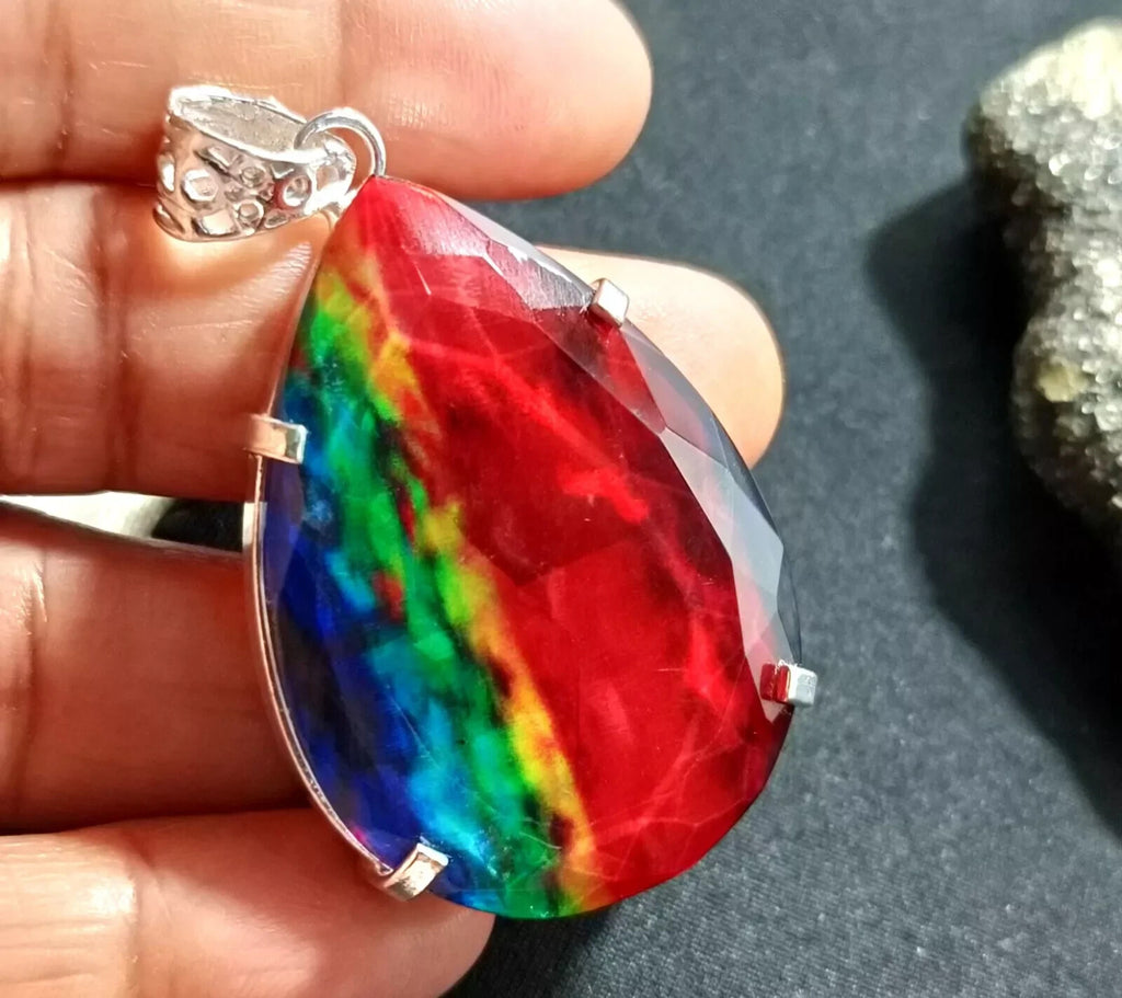 86.50 Ct Natural Ammolite 925 Solid Silver PENDANT MultiColor Certified Gemstone
