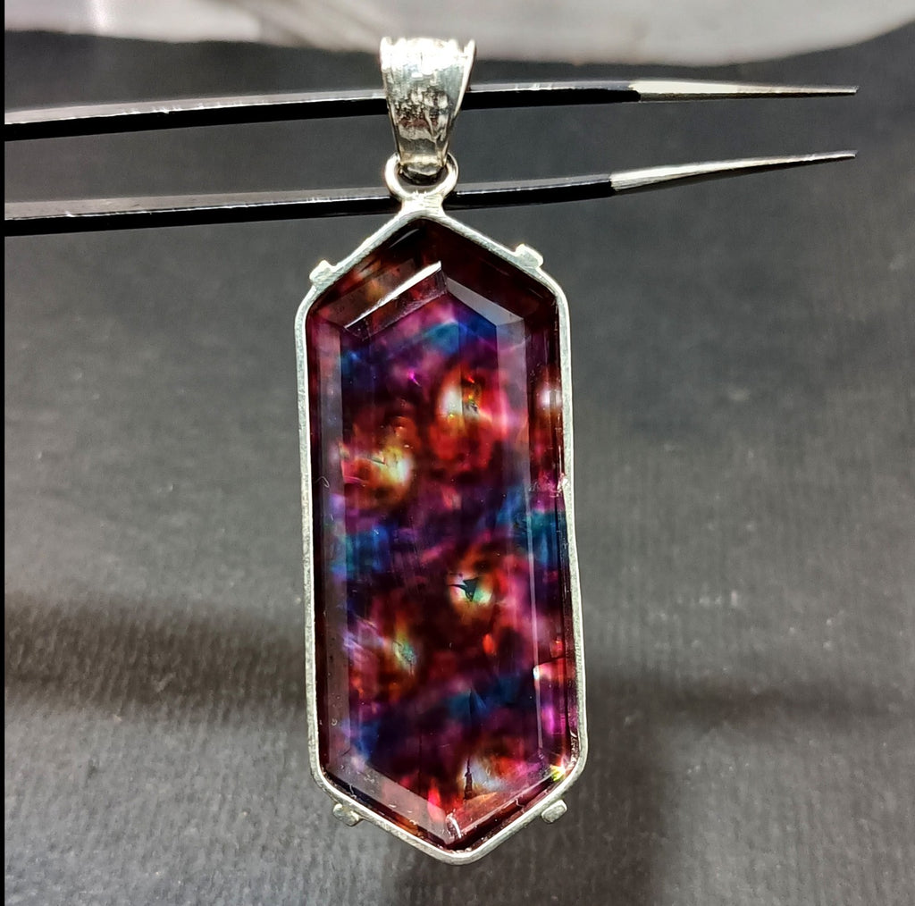 Certified 75.80 Ct Natural Ammolite 925 Solid Silver Rainbow Pendant Gemstone