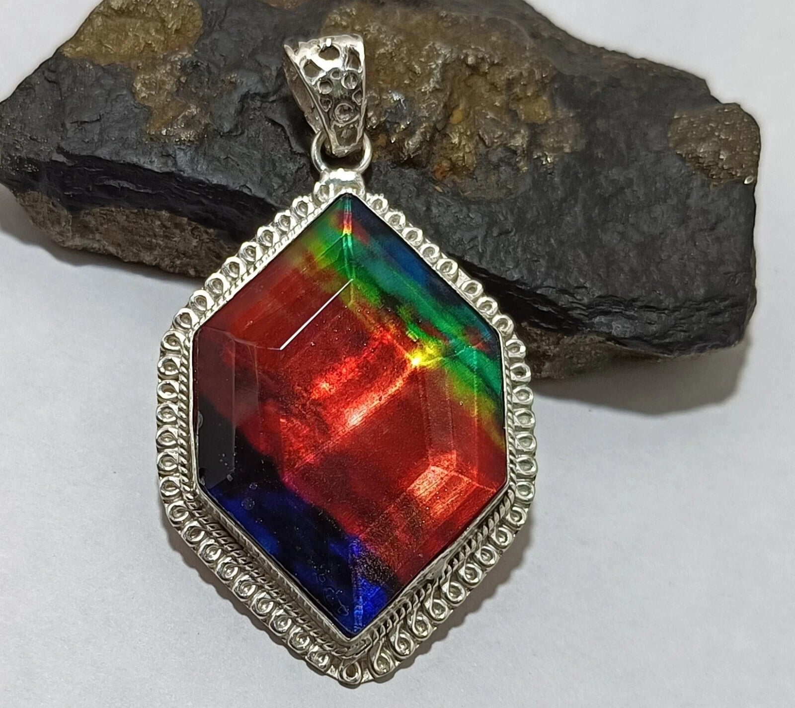 Certified 87.85 Ct Natural Ammolite 925 Solid Silver Fancy Cut Pendant Gemstone