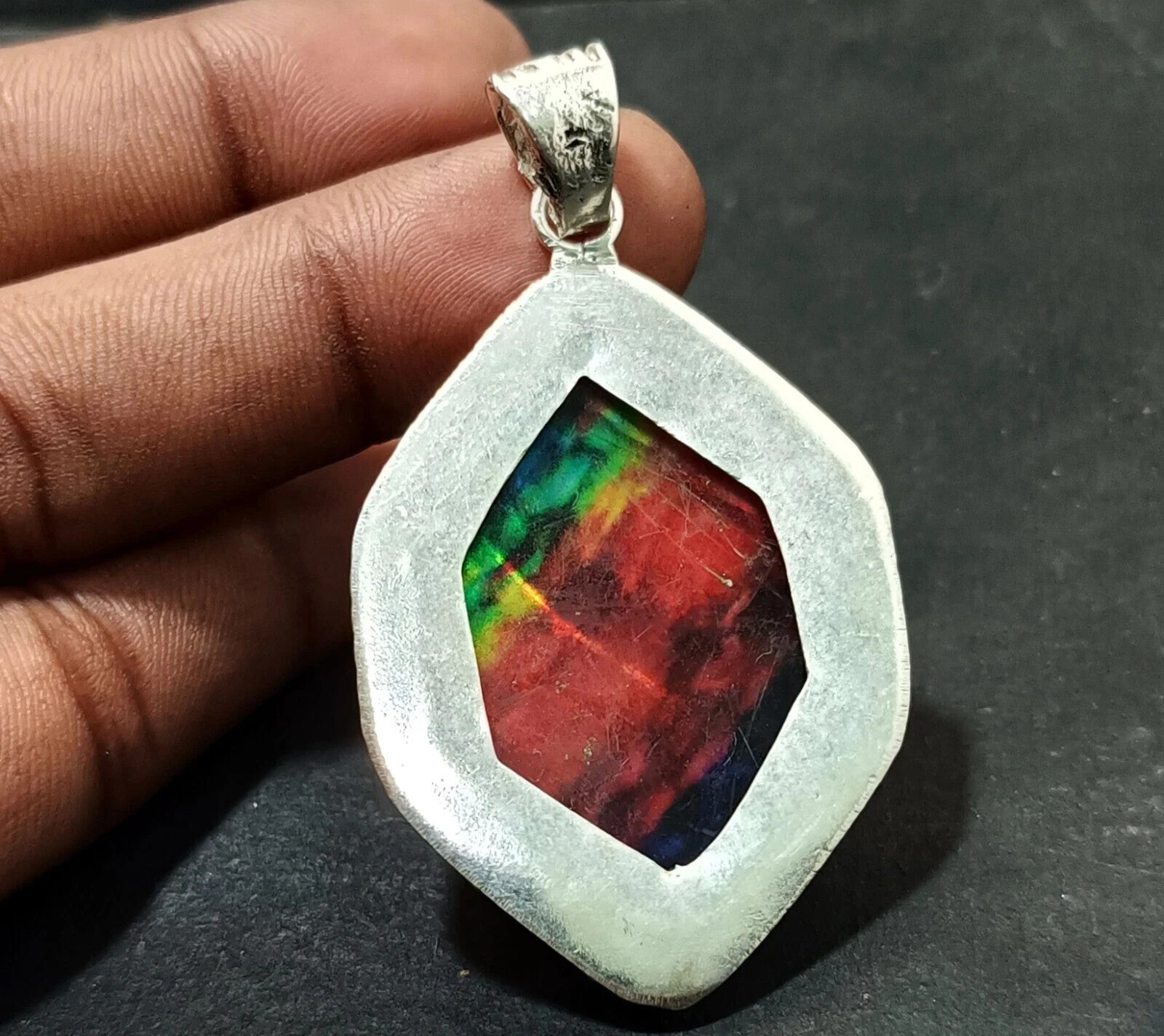 Certified 87.85 Ct Natural Ammolite 925 Solid Silver Fancy Cut Pendant Gemstone