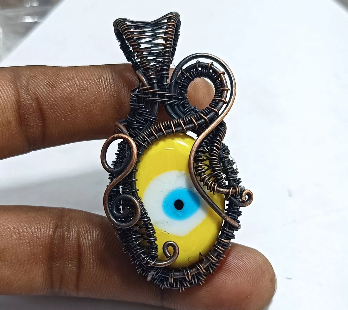 117.85 CT Yellow Evil Eye Gemstone Copper Wire Wrapped Pendant Gift For Mom