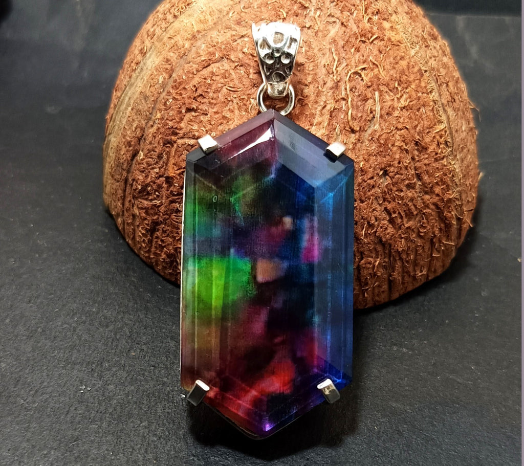 Certified 95.25Ct Natural Ammolite 925 Silver Fancy Cut Pendant Loose Gemstone