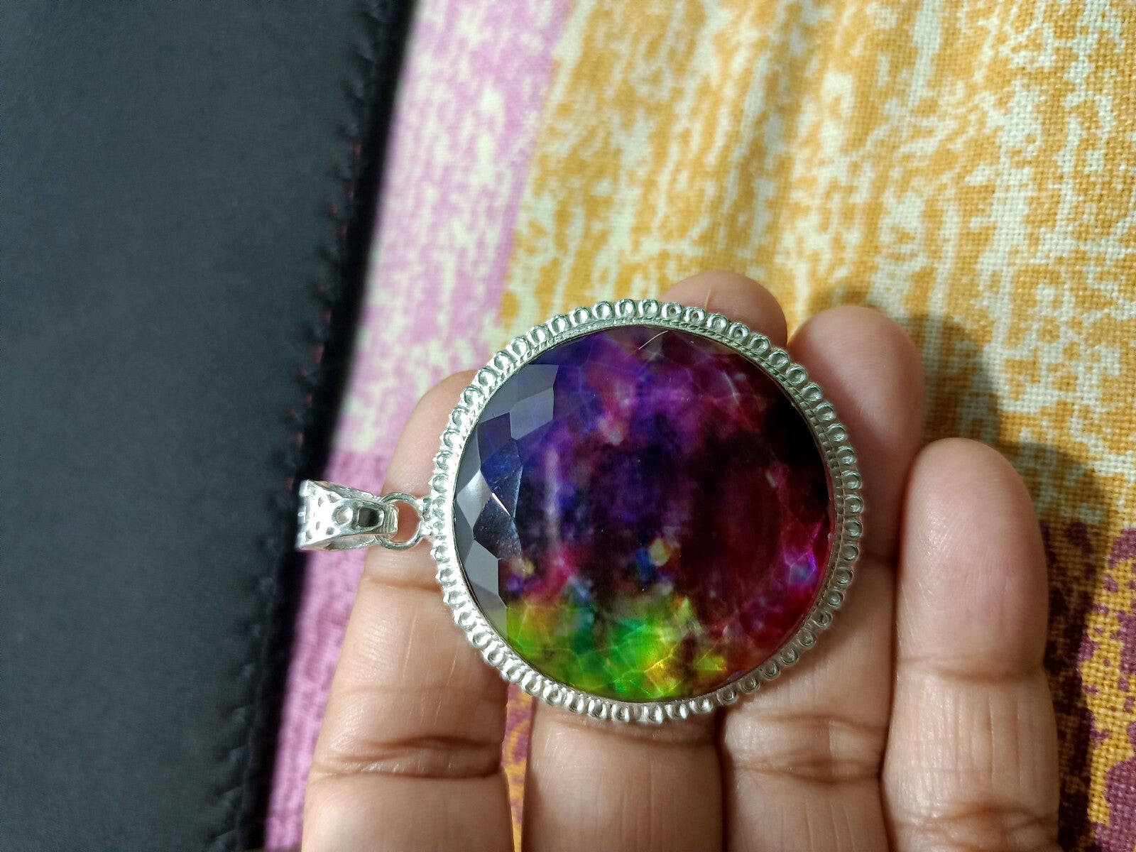 Certified Round Cut 118.50 Ct Natural Ammolite  Solid Silver Pendant Gemstone