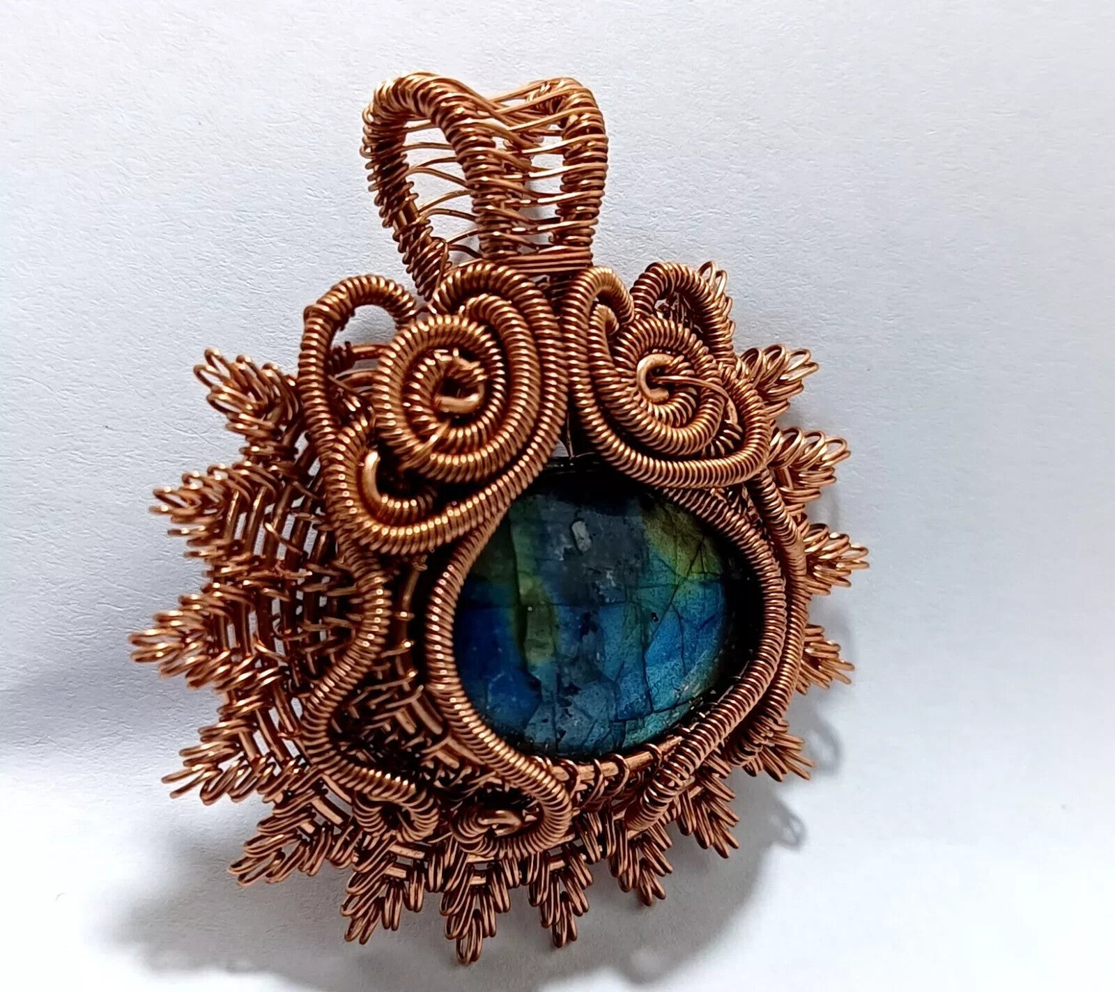 109.5 Ct Labradorite Wire Wrapped Pendant Handcrafted Copper Ethnic Gift 1.97"