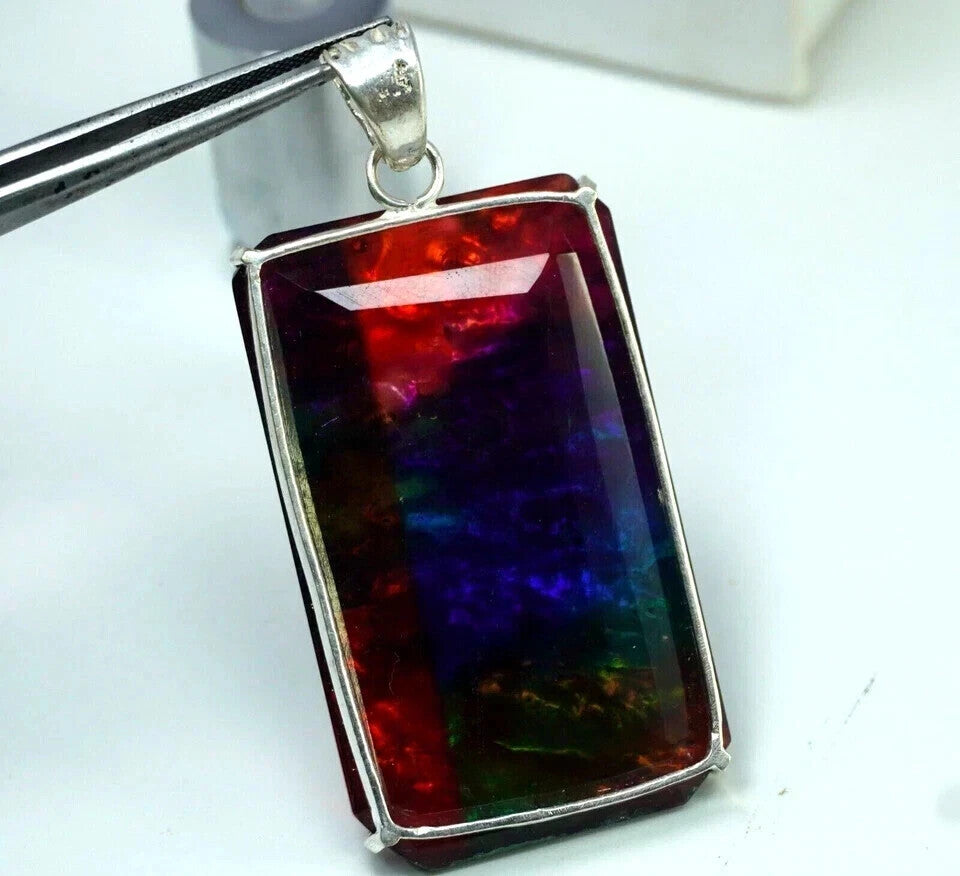 Certified 92 Ct Emerald Natural Ammolite Rainbow Solid Silver Pendant Gemstone