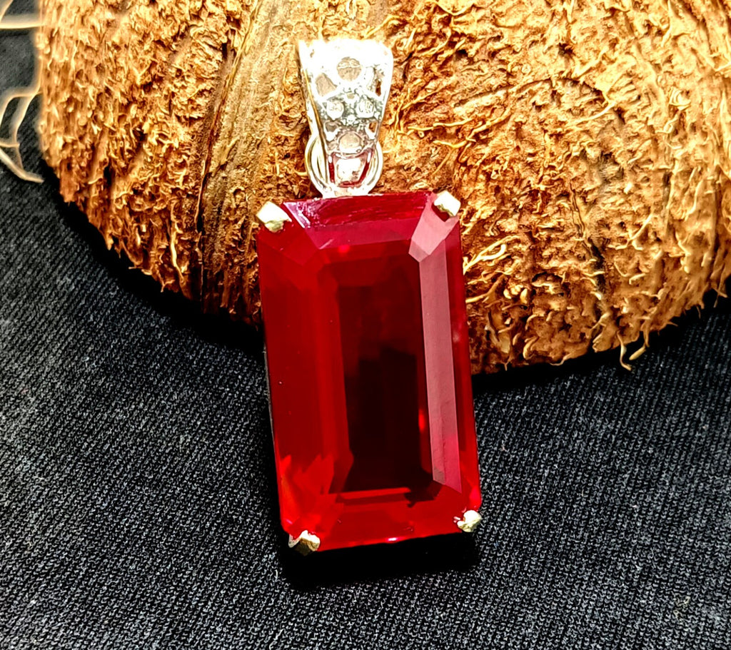 925 Sterling Silver Plated Emerald CutRuby Necklace locket Pendant 64.65 Ct