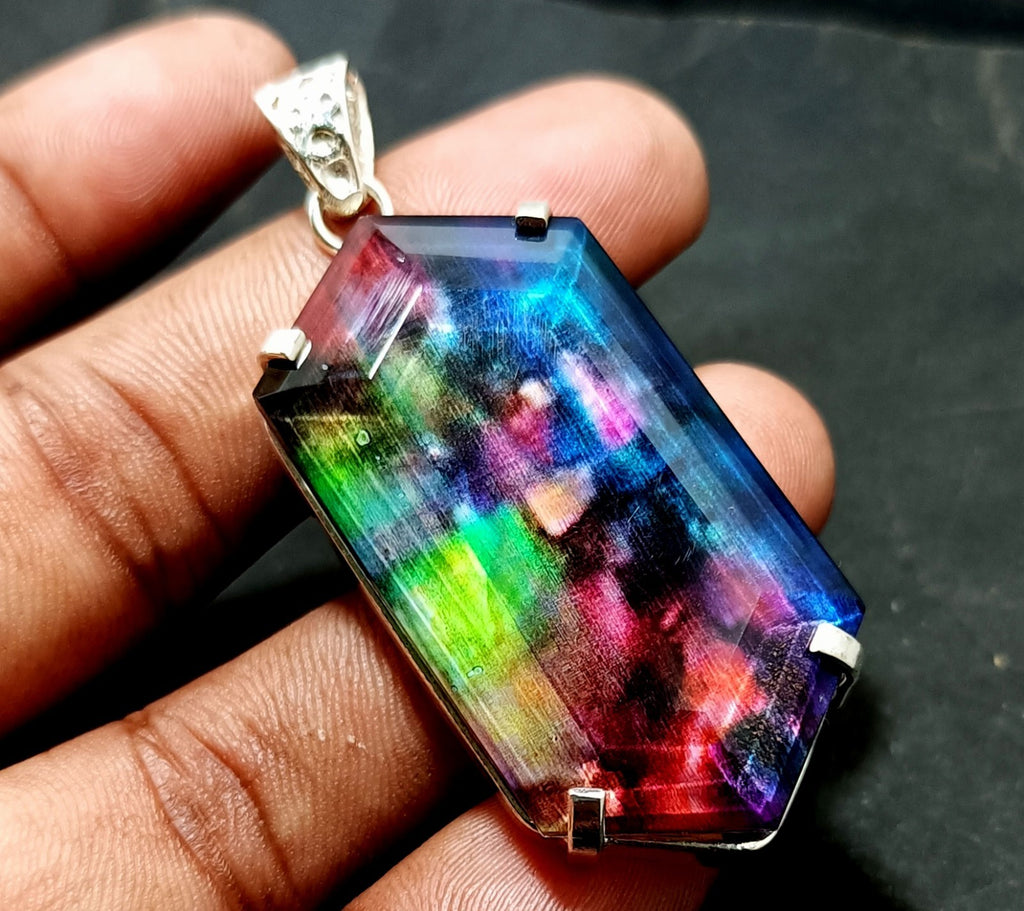 Certified 95.25Ct Natural Ammolite 925 Silver Fancy Cut Pendant Loose Gemstone