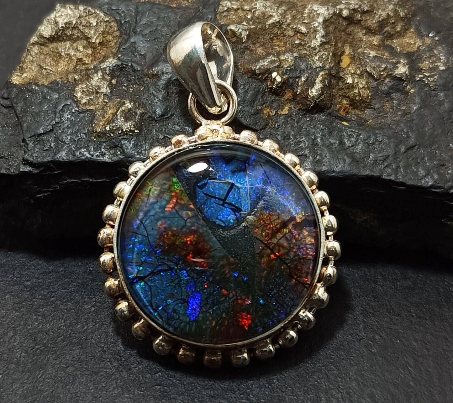 Sterling Silver Round Pendant 35.85 Ct Natural Monarch Fire Opal Certified Gems