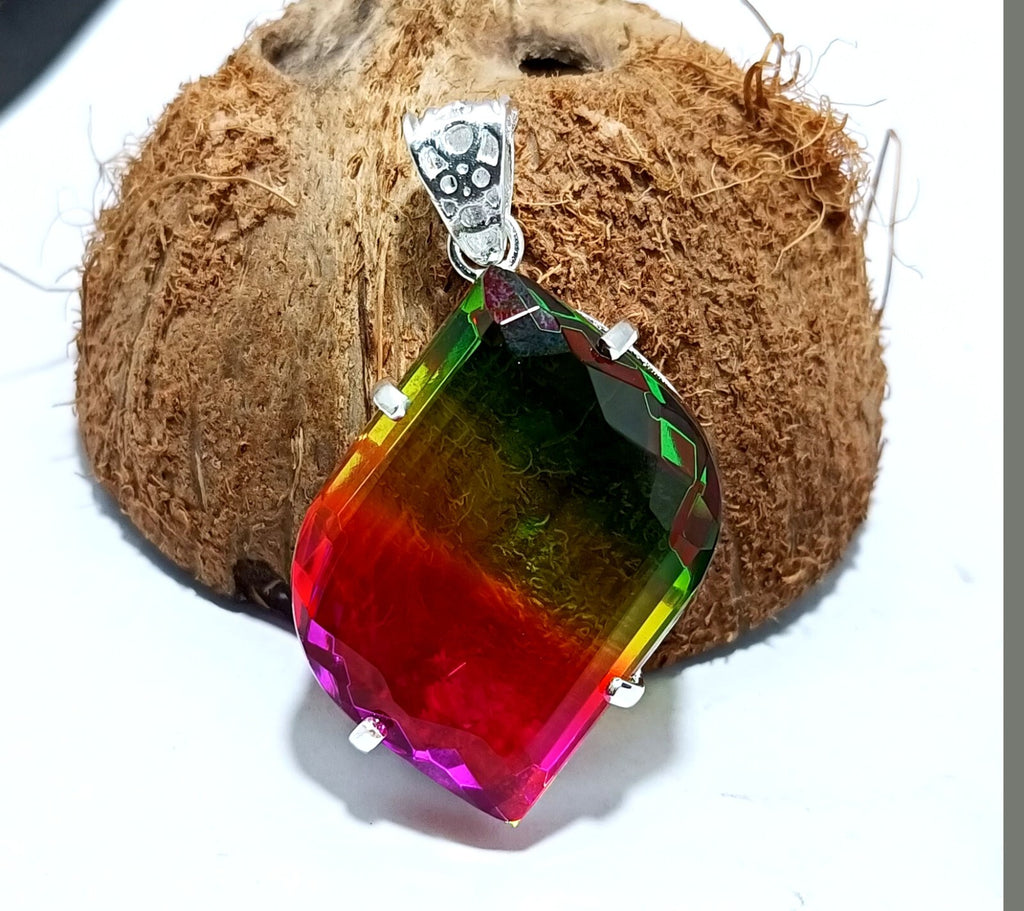 Bi-color Fancy Cut Certified Tourmaline 85 Ct+ Silver Pendant Gemstone