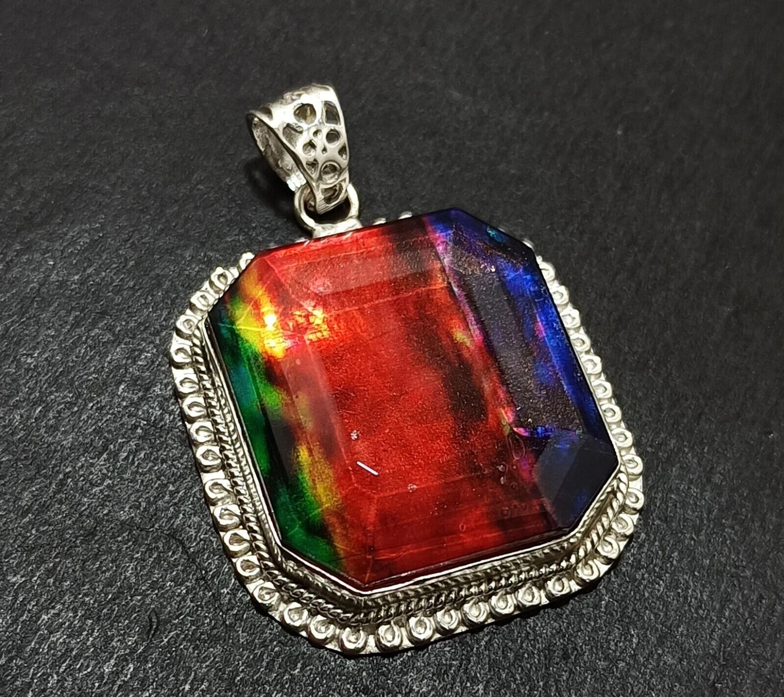 Certified 94.35 Ct Natural Ammolite 925 Solid Silver Rainbow Pendant Gemstone