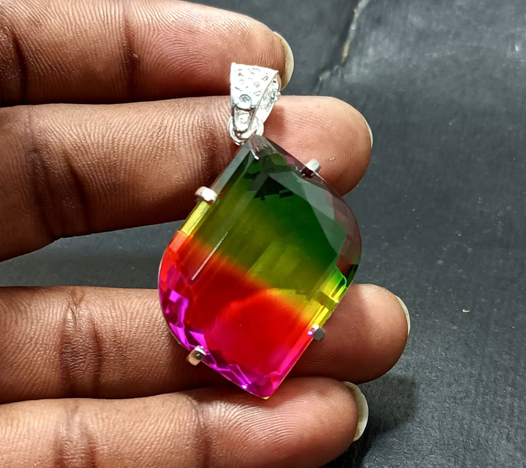 Bi-color Fancy Cut Certified Tourmaline 85 Ct+ Silver Pendant Gemstone