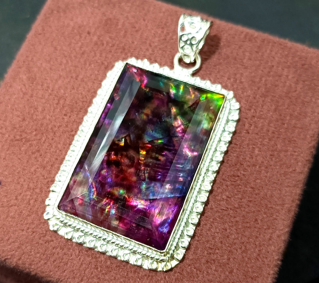 95.90 Ct Natural Ammolite 925 Solid Silver Rainbow PENDANT Certified Gemstone