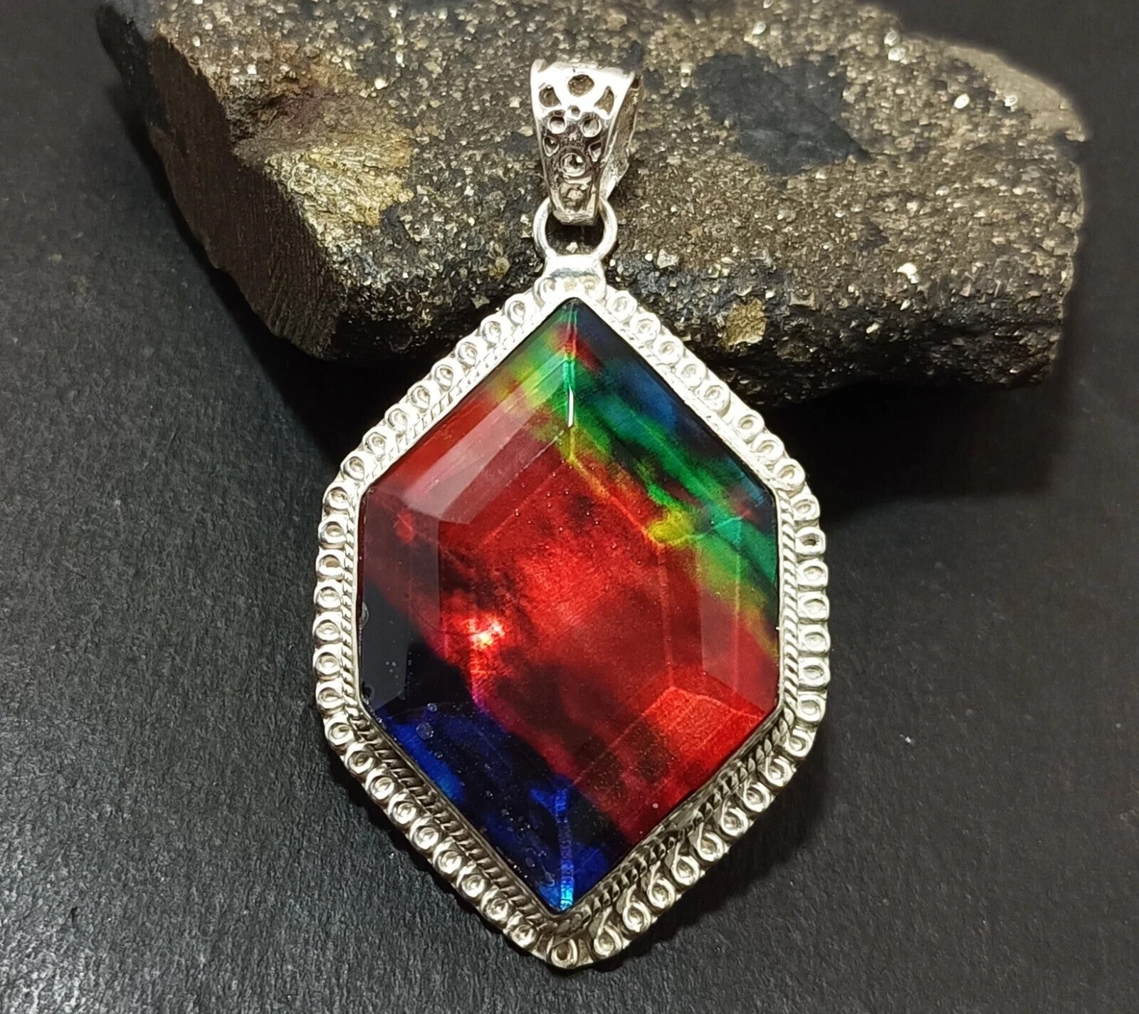 Certified 87.85 Ct Natural Ammolite 925 Solid Silver Fancy Cut Pendant Gemstone