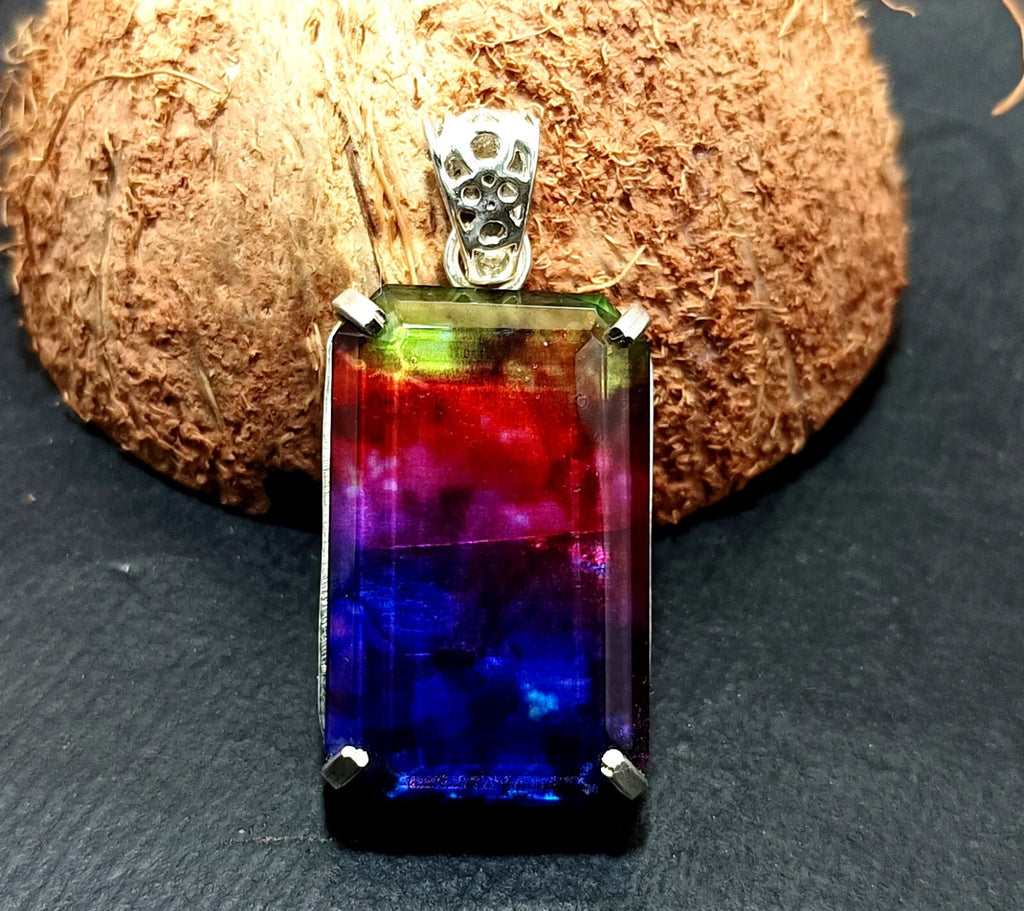 Certified 61.40Ct Natural Ammolite 925 Silver Emerald Cut Pendant Loose Gemstone