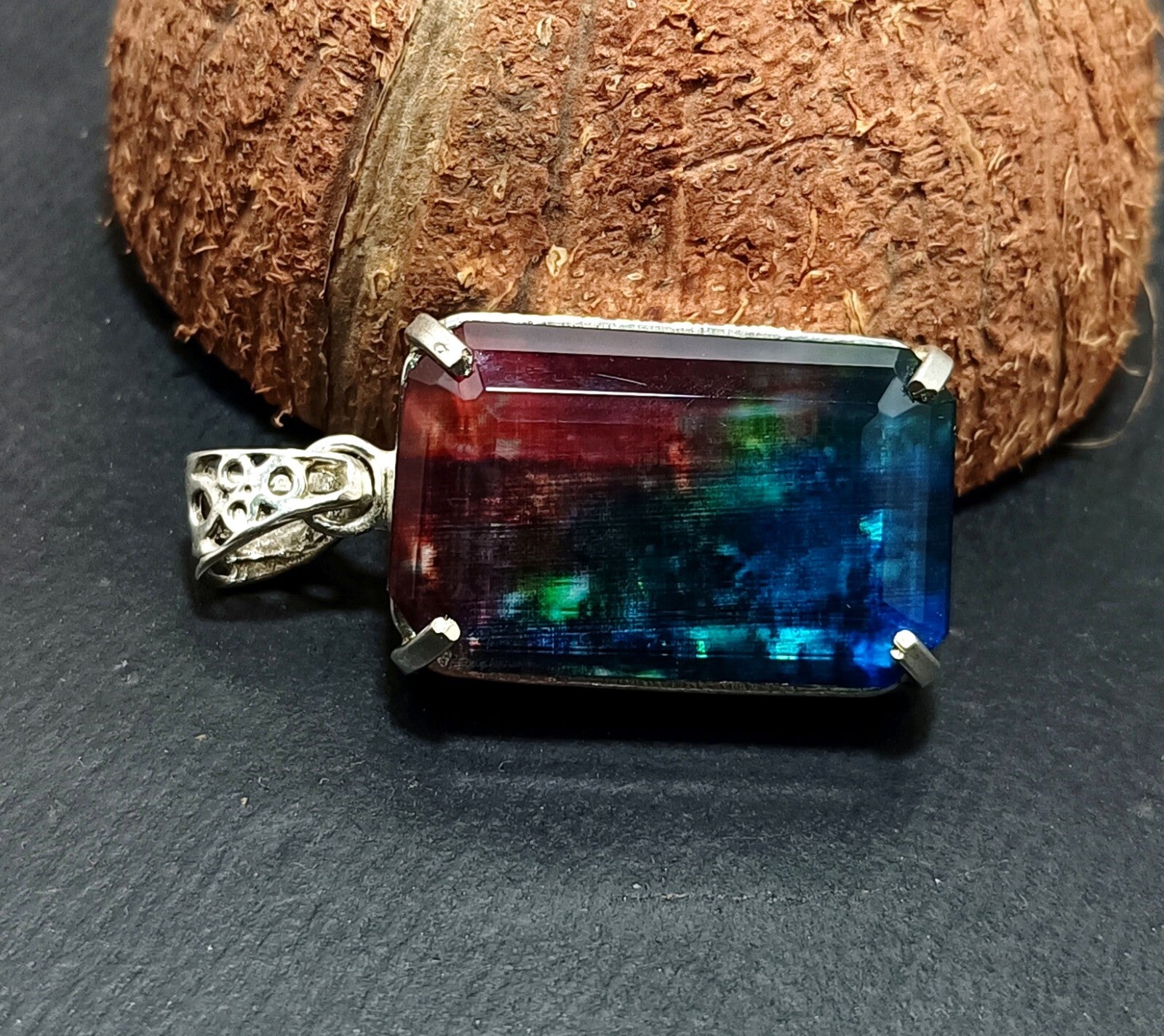 Certified 65.05Ct Natural Ammolite 925 Silver Emerald Cut Pendant Loose Gemstone