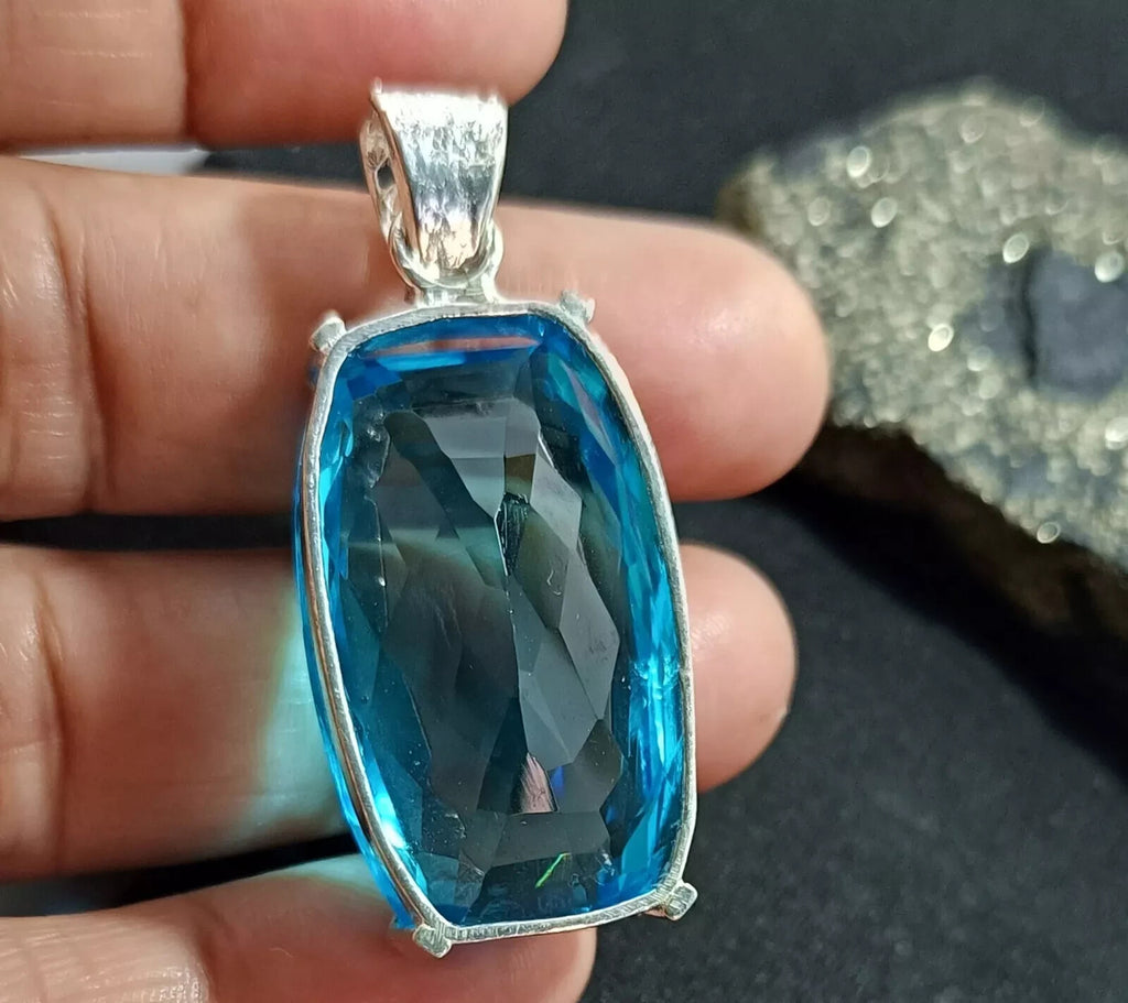 69.75 Ct Certified Lab-Created Blue Topaz 925 Solid Silver Pendant Gemstone
