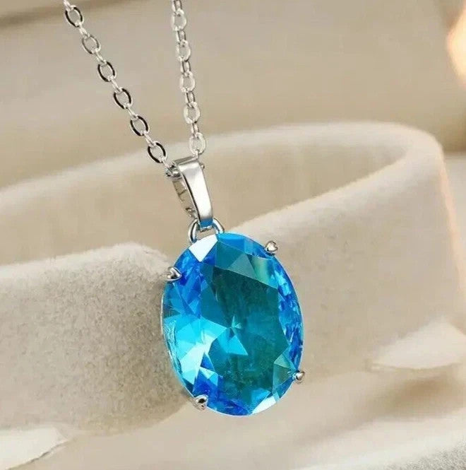 Share Gorgeous Blue Oval Zircon Inlaid Pendant Necklace Neck Chain Jewelry Acces