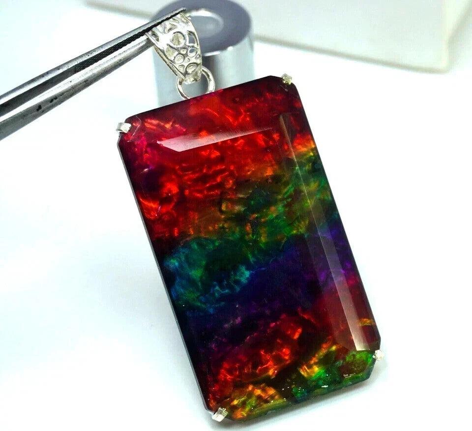 Certified 92 Ct Emerald Natural Ammolite Rainbow Solid Silver Pendant Gemstone