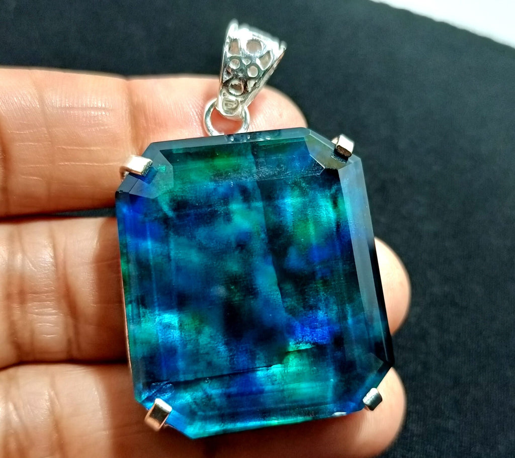 Certified Asscher Cut 95.50Ct Natural Ammolite 925 Solid Silver Pendant Gemstone