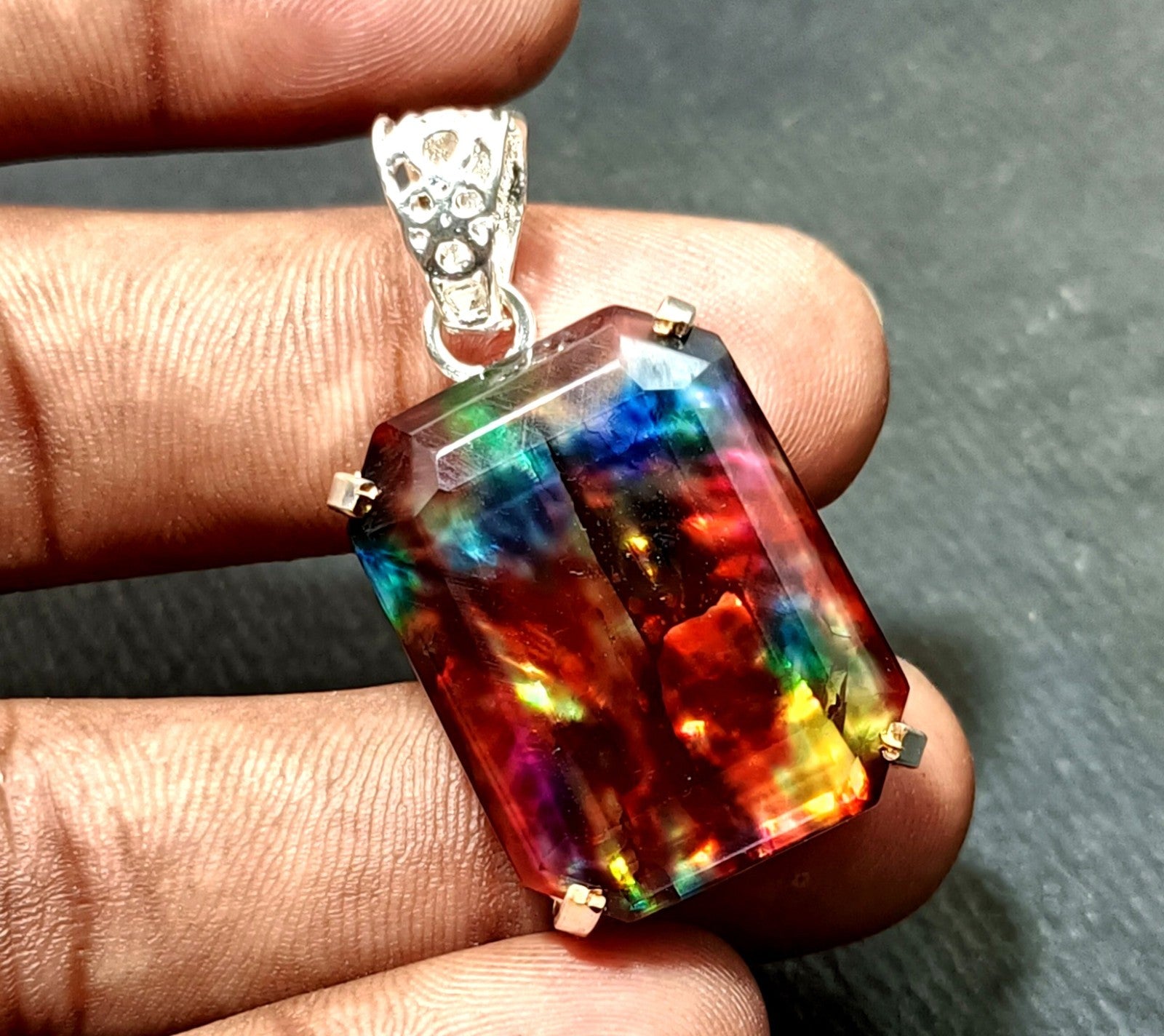 EGL Certified 54.70 Ct Natural Ammolite 925 Solid Silver Pendant Loose Gemstone