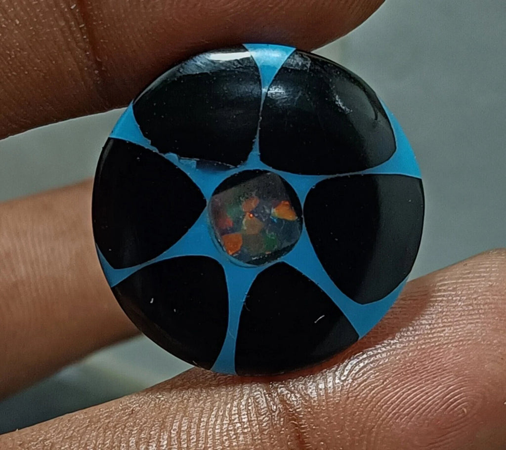 16.50 Ct Black &Blue Onyx Trapiche Fire Opal Inside Round Cut Loose Gemstone