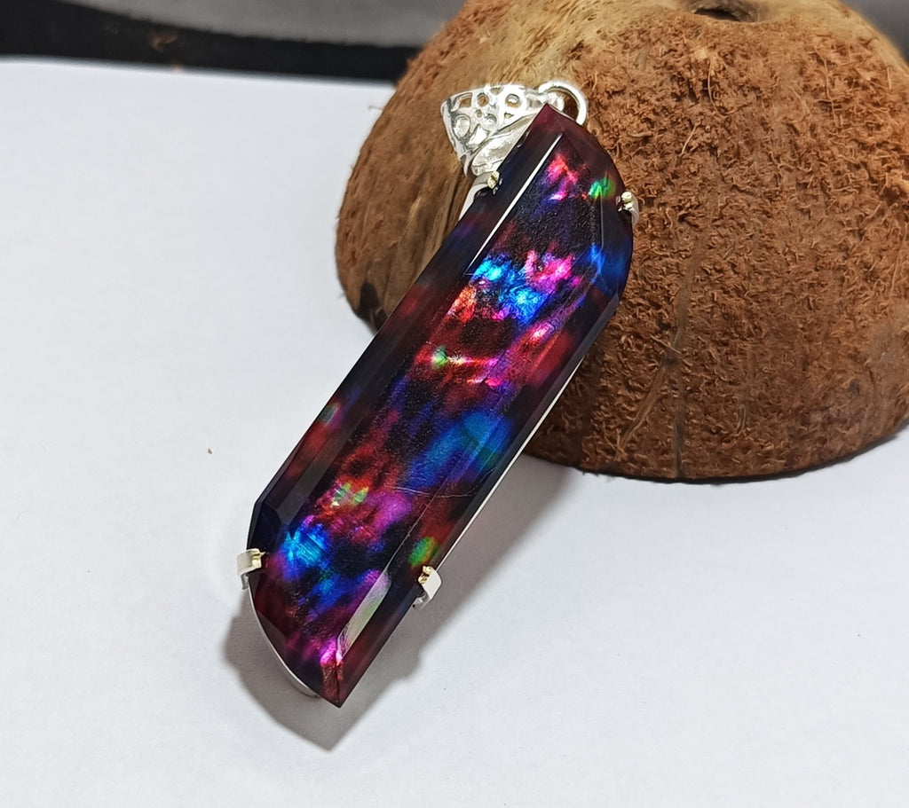 Certified Fancy Cut 80.70 Ct Natural Ammolite  Solid Silver Pendant Gemstone